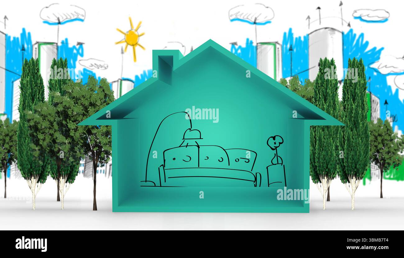 Il design piatto della casa color verde acqua rivela gli interni disegnati con linee stilizzate con alberi e skyline Foto Stock