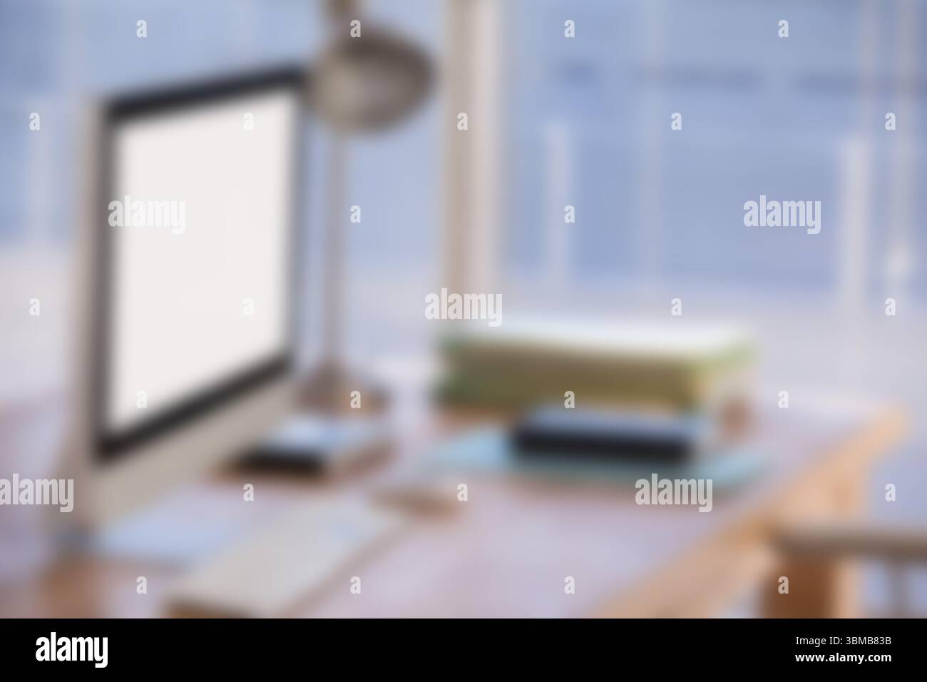 L'area di lavoro dal design piatto mostra schermo vuoto, tastiera-mouse, lampada, notebook e smartphone Foto Stock