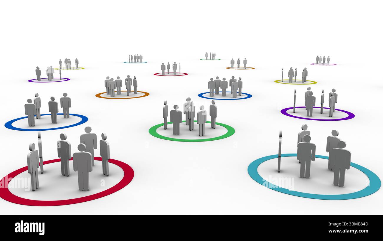 Design piatto stilizzato con silhouette grigie in piedi in gruppi di anelli colorati su sfondo bianco Foto Stock