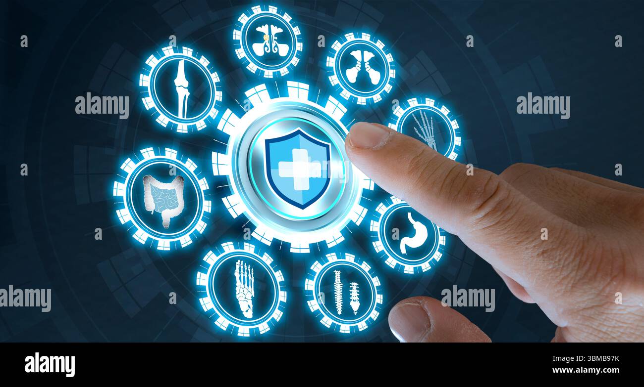 Dito umano selezionando un'icona medica su un'interfaccia digitale circondata da icone luminose relative alla salute. Concetto di sistema sanitario intelligente, innovazione Foto Stock
