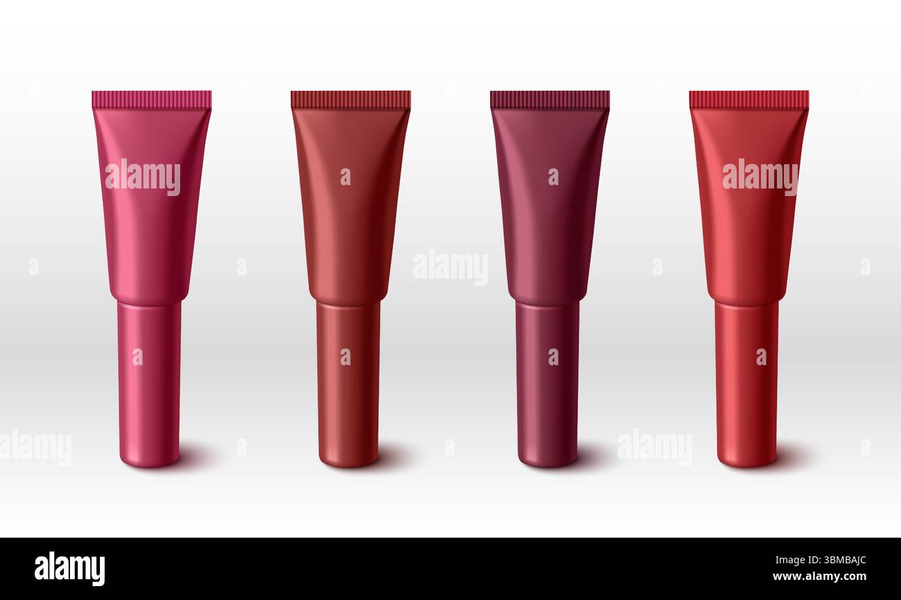 Mockup di tubi color crema con labbra rosse in quattro diverse tonalità, dal rosa al Bordeaux, con finitura lucida e tappi a coste isolati sul bianco per il branding dei prodotti cosmetici e le presentazioni di design del packaging. Illustrazione Vettoriale
