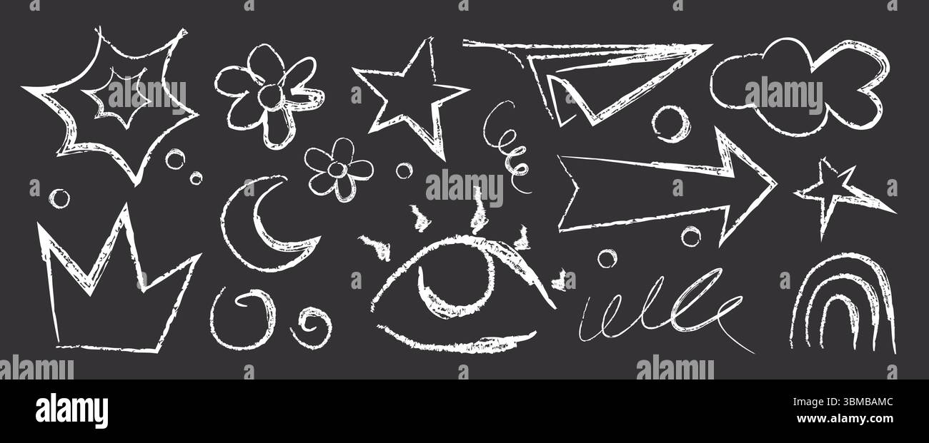 Forme di pastello. Disegni in gesso bianco sulla lavagna - stelle e fiori, luna e occhio, corona, frecce e nuvole, arcobaleno e piano di carta, vortici per l'educazione o per gli sfondi creativi dei bambini. Illustrazione Vettoriale