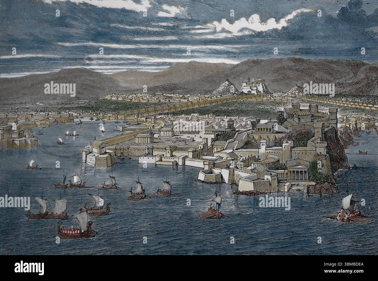 Tempi antichi. Porto del Pireo. Polis di Atene. Incisione. xix secolo. Foto Stock