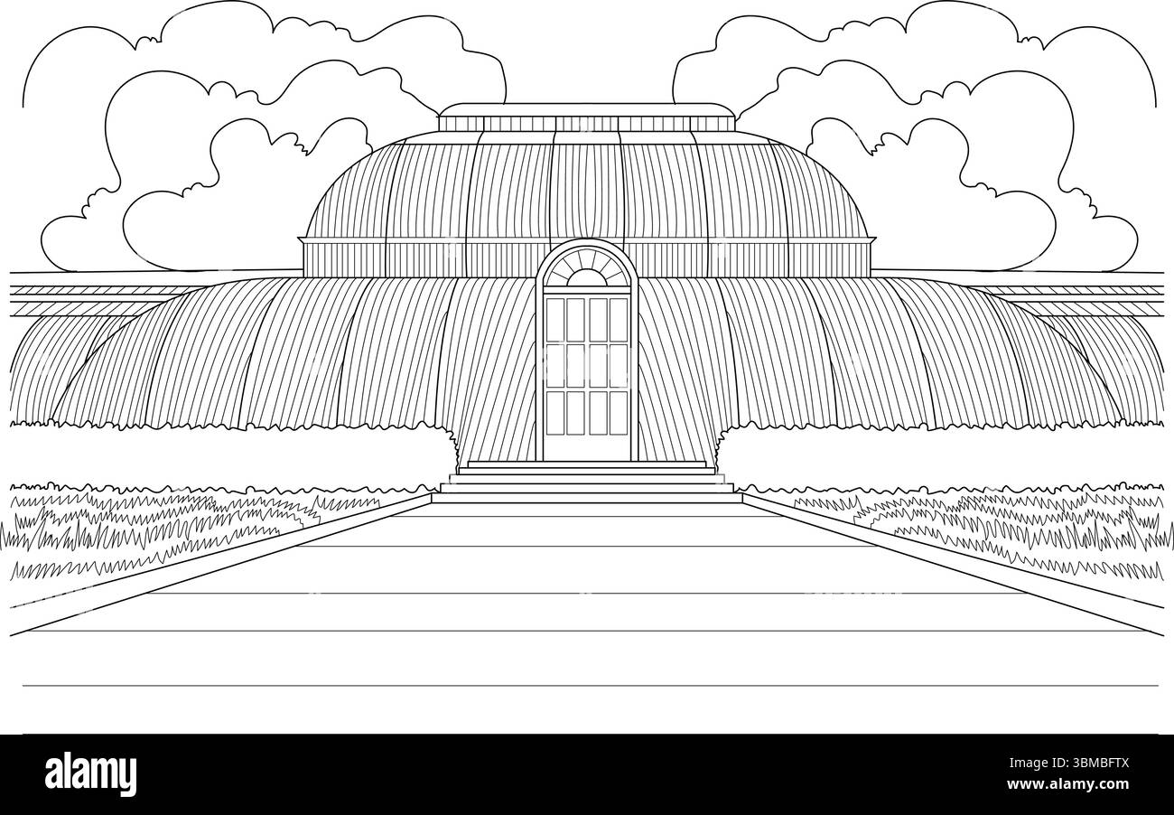 Illustrazione d'arte in linea in bianco e nero con la famosa Palm House ai Kew Gardens di Londra. Il disegno mette in risalto il caratteristico vetro vittoriano Illustrazione Vettoriale