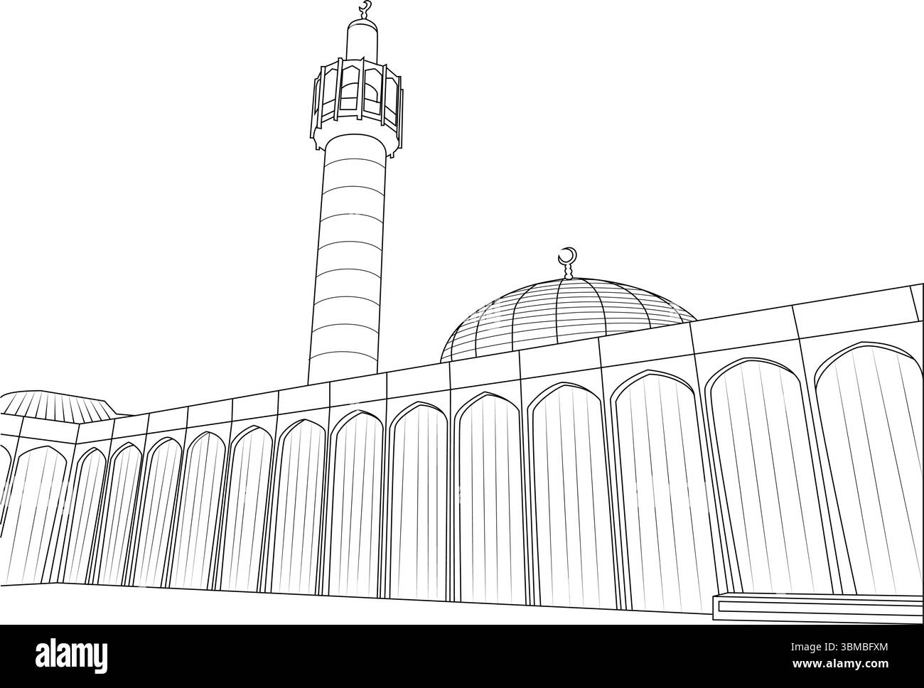 Disegno astratto in bianco e nero che raffigura l'esterno della moschea centrale di Londra e del Centro culturale Islamico. L'illustrazione viene evidenziata Illustrazione Vettoriale