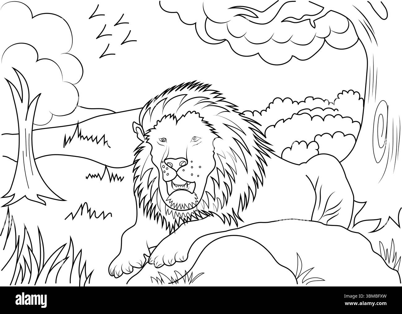 Illustrazione in linea di un leone maschile disteso in un paesaggio di savana con alberi, erba, roccia e uccelli che volano sopra la testa. Ideale per la colorazione di pagine, Illustrazione Vettoriale