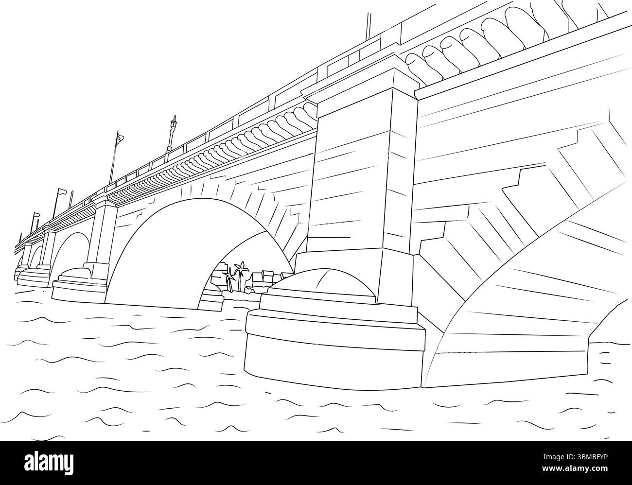 Un disegno minimalista in bianco e nero che raffigura il famoso London Bridge situato a Lake Havasu City, Arizona. L'illustrazione cattura la struttura Illustrazione Vettoriale