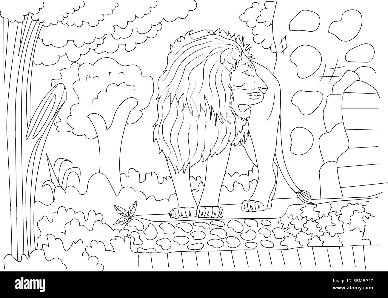 Il contorno in bianco e nero mostra un potente leone maschio con una criniera piena, in piedi in mezzo a dintorni naturali come alberi, cespugli e rocce. Il Illustrazione Vettoriale