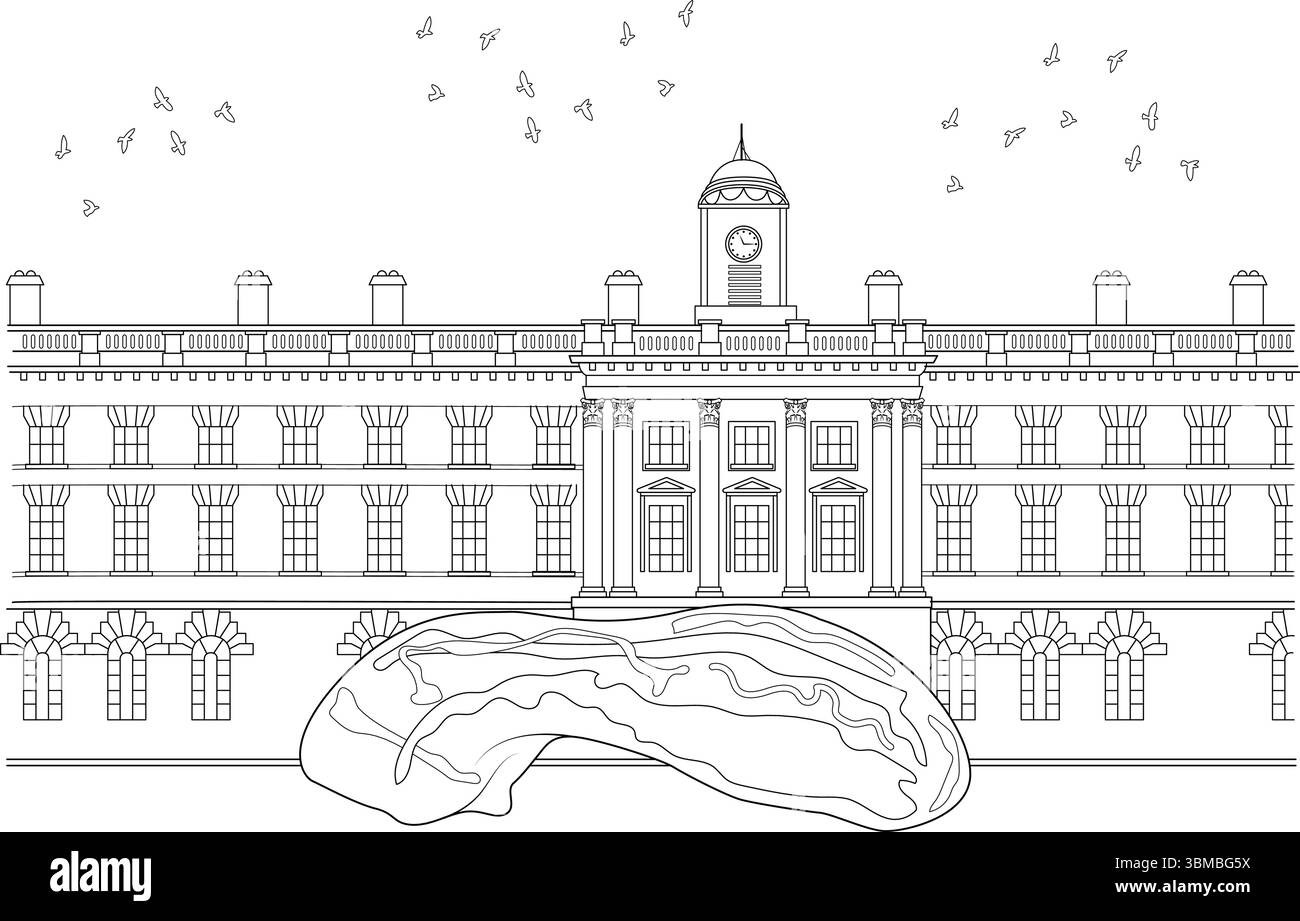Dettagliata illustrazione in bianco e nero raffigurante Somerset House, un rinomato edificio neoclassico georgiano situato a Londra, Inghilterra. L'ima Illustrazione Vettoriale