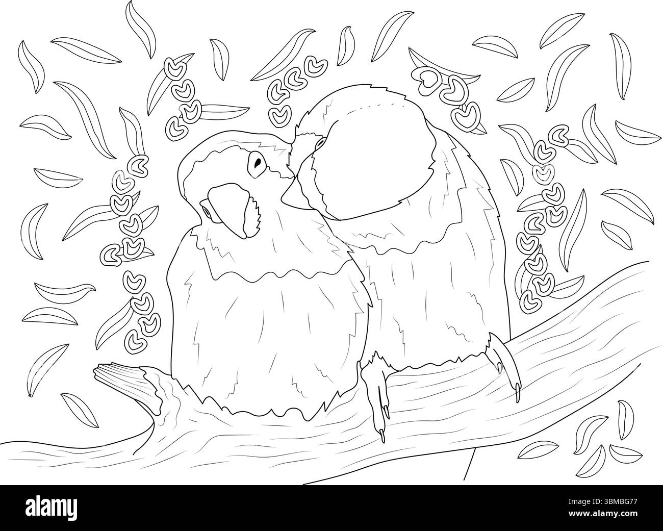 Disegni dettagliati in bianco e nero di due graziosi uccelli seduti vicini su un ramo. L'illustrazione include elementi naturali come l Illustrazione Vettoriale