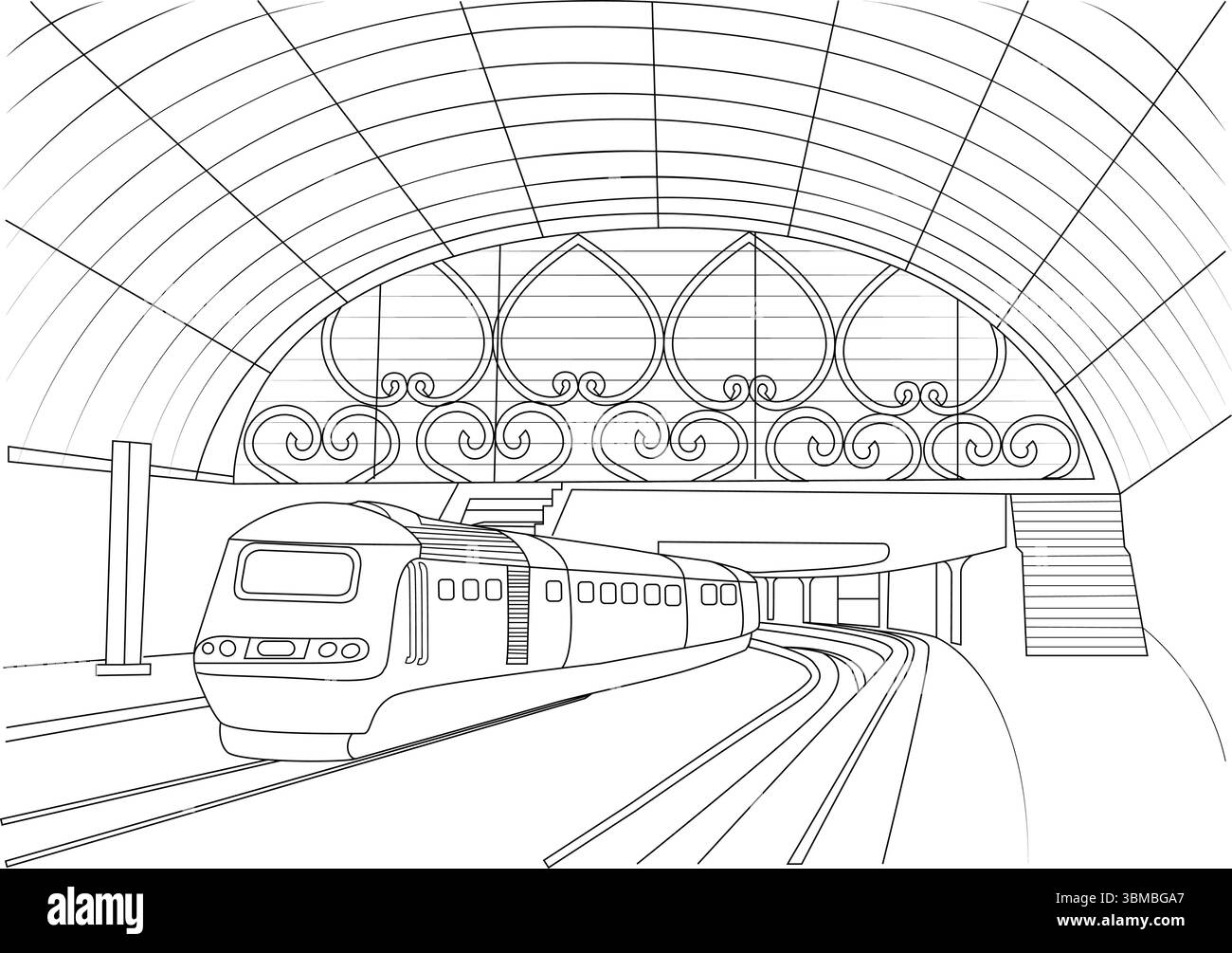 Una linea in bianco e nero che disegna un'illustrazione vettoriale di un treno moderno all'interno della famosa struttura ad arco della stazione di Paddington a Londra. Lo schizzo CA Illustrazione Vettoriale