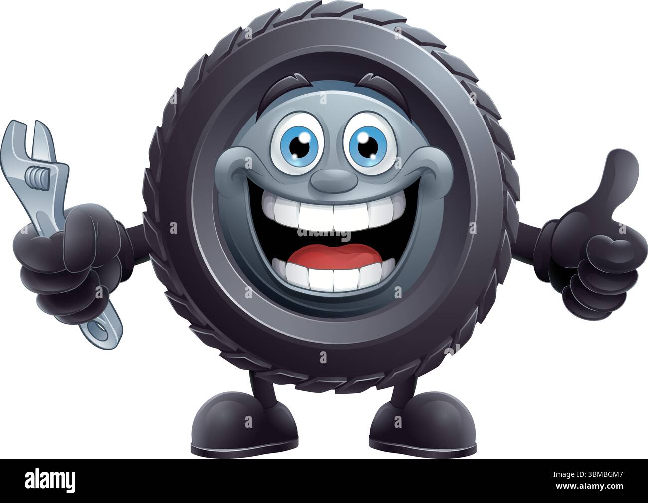 Una mascotte meccanica per la manutenzione di pneumatici o pneumatici Illustrazione Vettoriale