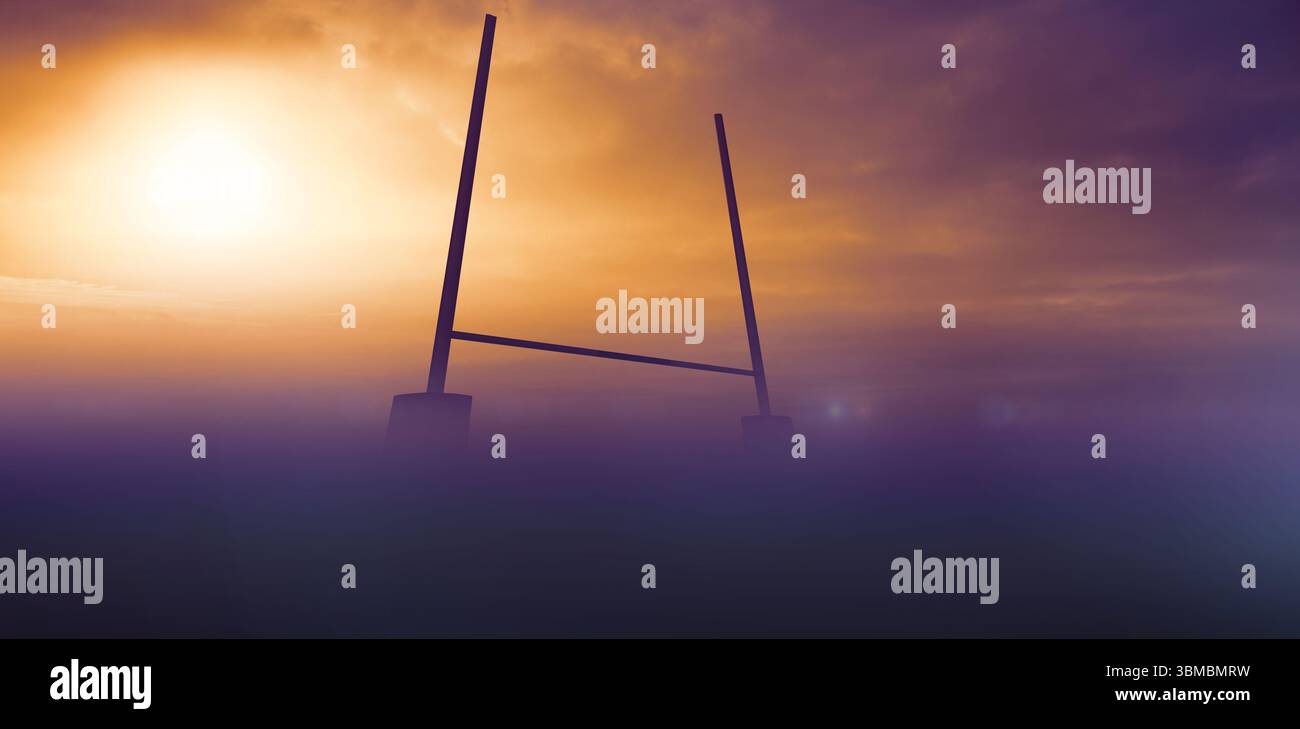 Illustrazione dal design piatto che mostra il campo dell'alba nebbioso con pali di porta e traversa sotto il sole incandescente Foto Stock