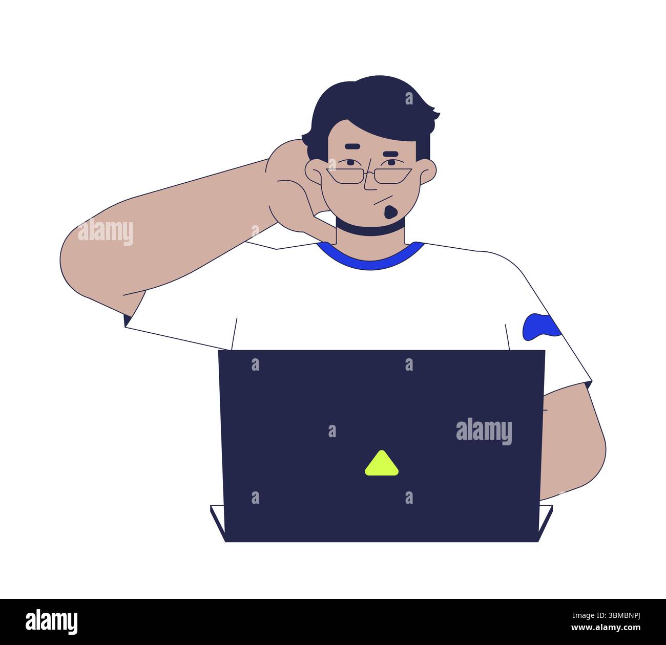 Un arabo confuso che usa un computer portatile mentre gratta il personaggio dei cartoni animati 2D dietro la testa Illustrazione Vettoriale