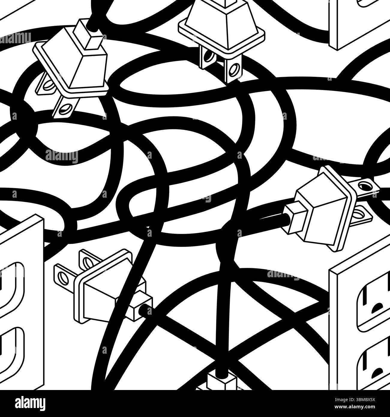 Schema di connettori maschio e femmina senza problemi. Sfondo fili aggrovigliati. Apparecchi elettrici collegati alla struttura della rete Illustrazione Vettoriale