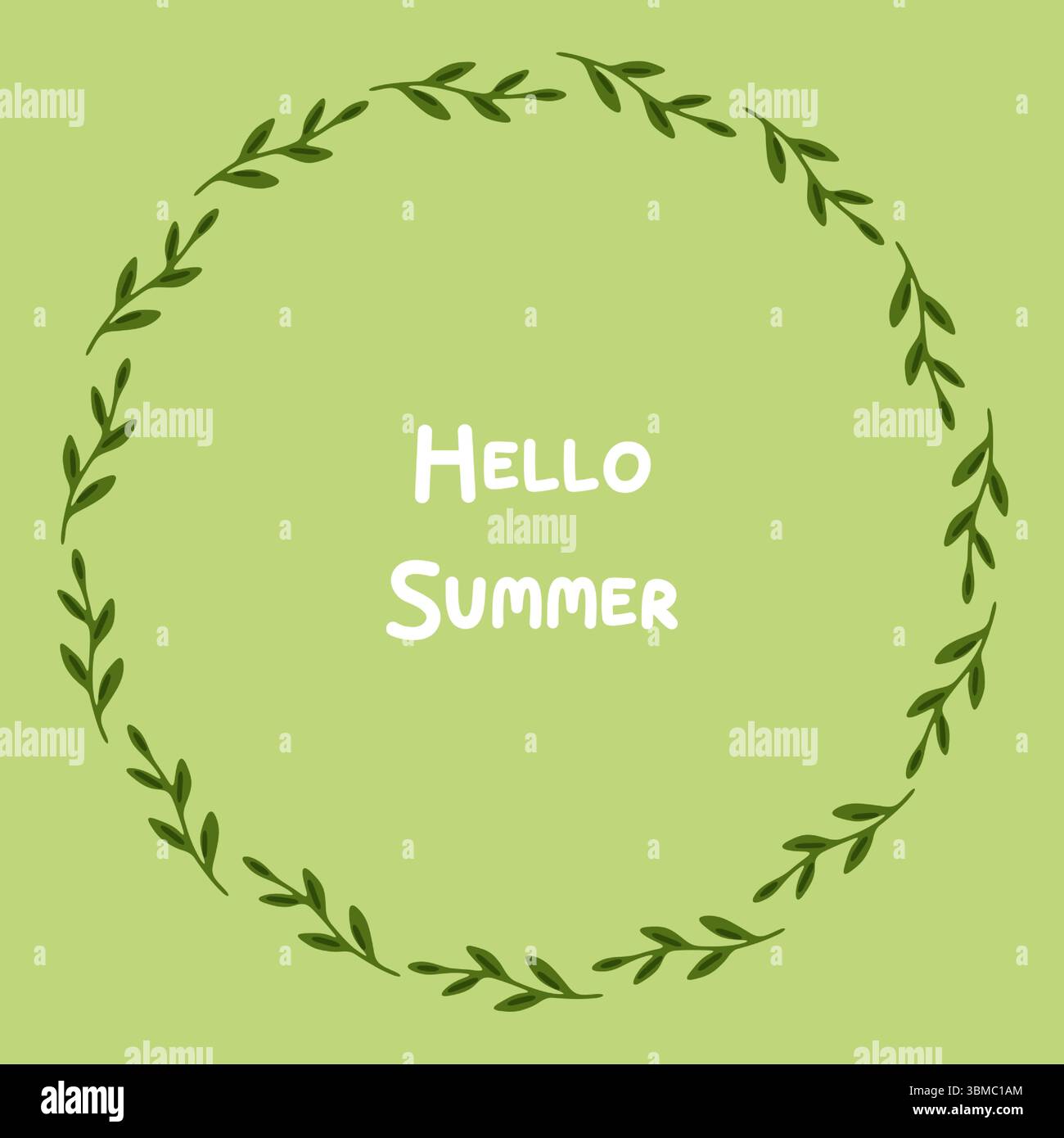 Telaio per ghirlanda a foglia verde piatta. Corona botanica circolare composta da foglie verde scuro su sfondo verde chiaro. Illustrazione piatta in stile cartone animato, ideale come Illustrazione Vettoriale