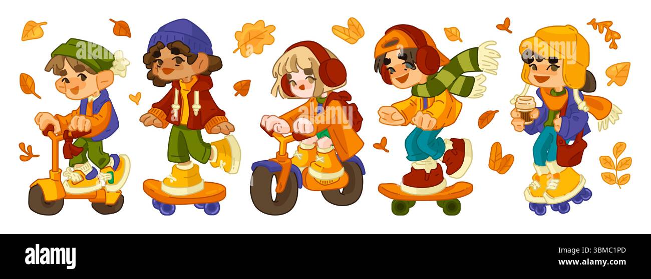 Cartoon Autumn Kids on Wheels. Cinque bambini in abiti autunnali che guidano scooter, skateboard, bici da equilibrio, pattini a rotelle e camminate. wifi a schermo piatto in stile cartoni animati Illustrazione Vettoriale