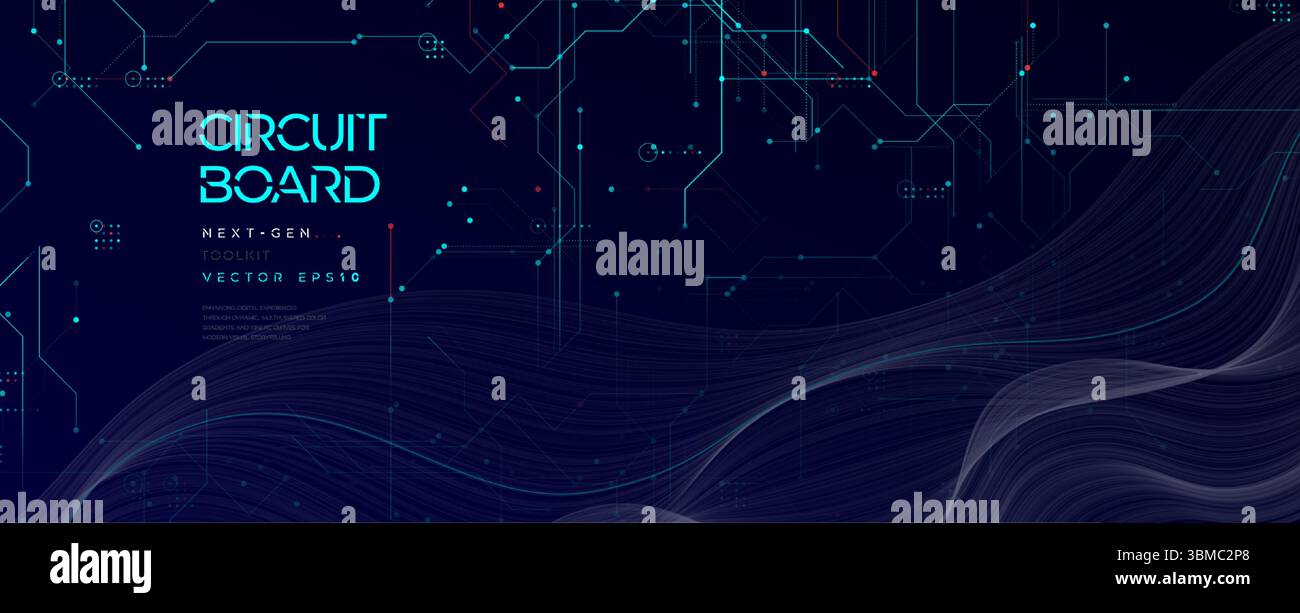 Circuito stampato BG, elaborazione di big data, sfondo linee ondulate Glow Grid. Flusso di rete neurale futuristico su sfondo Dark Blue Tech per intelligenza artificiale, macchina Illustrazione Vettoriale