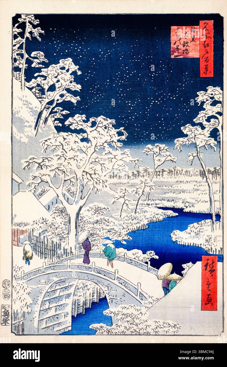 Utagawa Hiroshige, Meguro Drum Bridge e Sunset Hill, dalla serie 'cento viste famose di Edo', stampa xilografica, 1857 Foto Stock