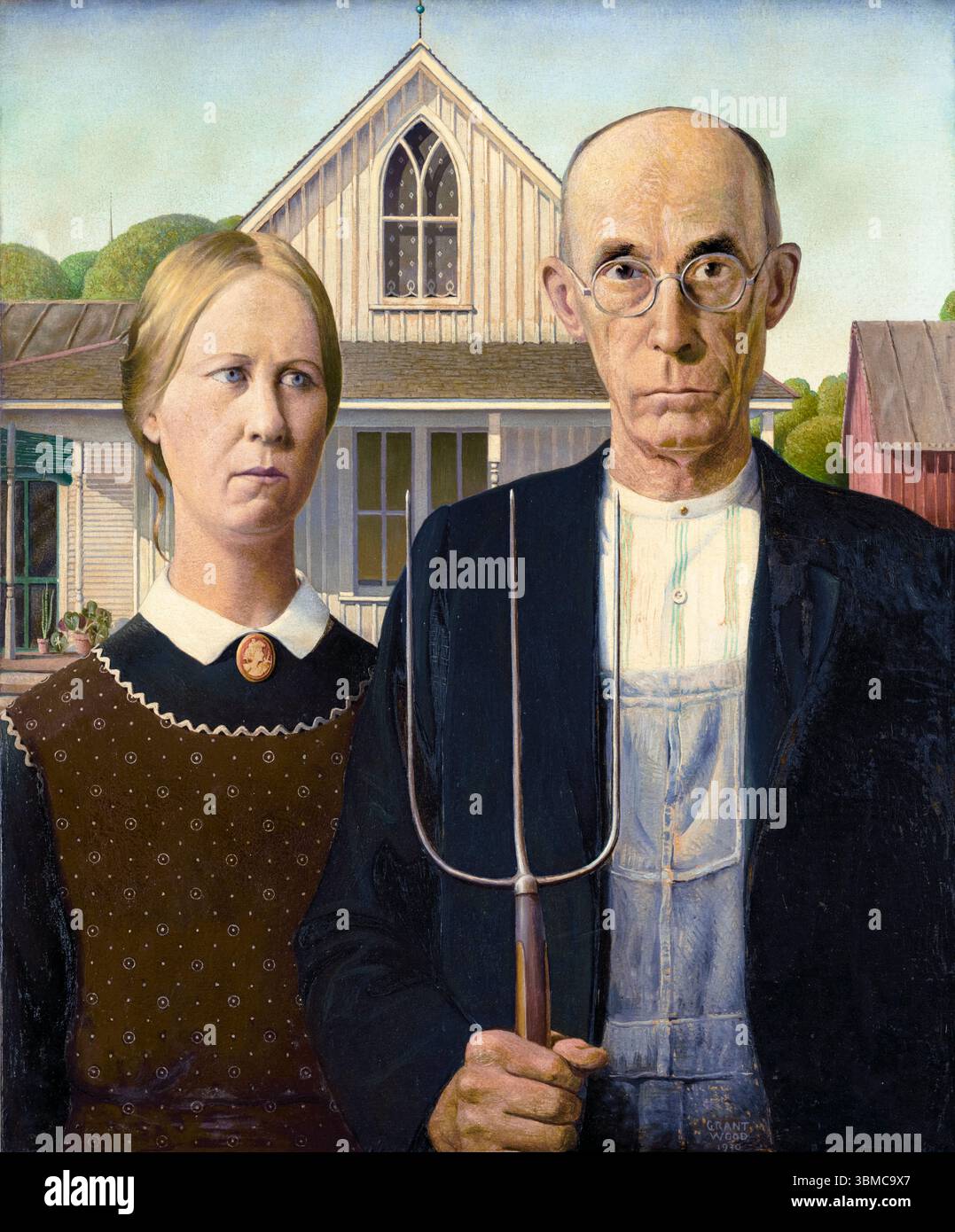 Gotico americano, dipinto a olio su tavola di Grant Wood, 1930 Foto Stock