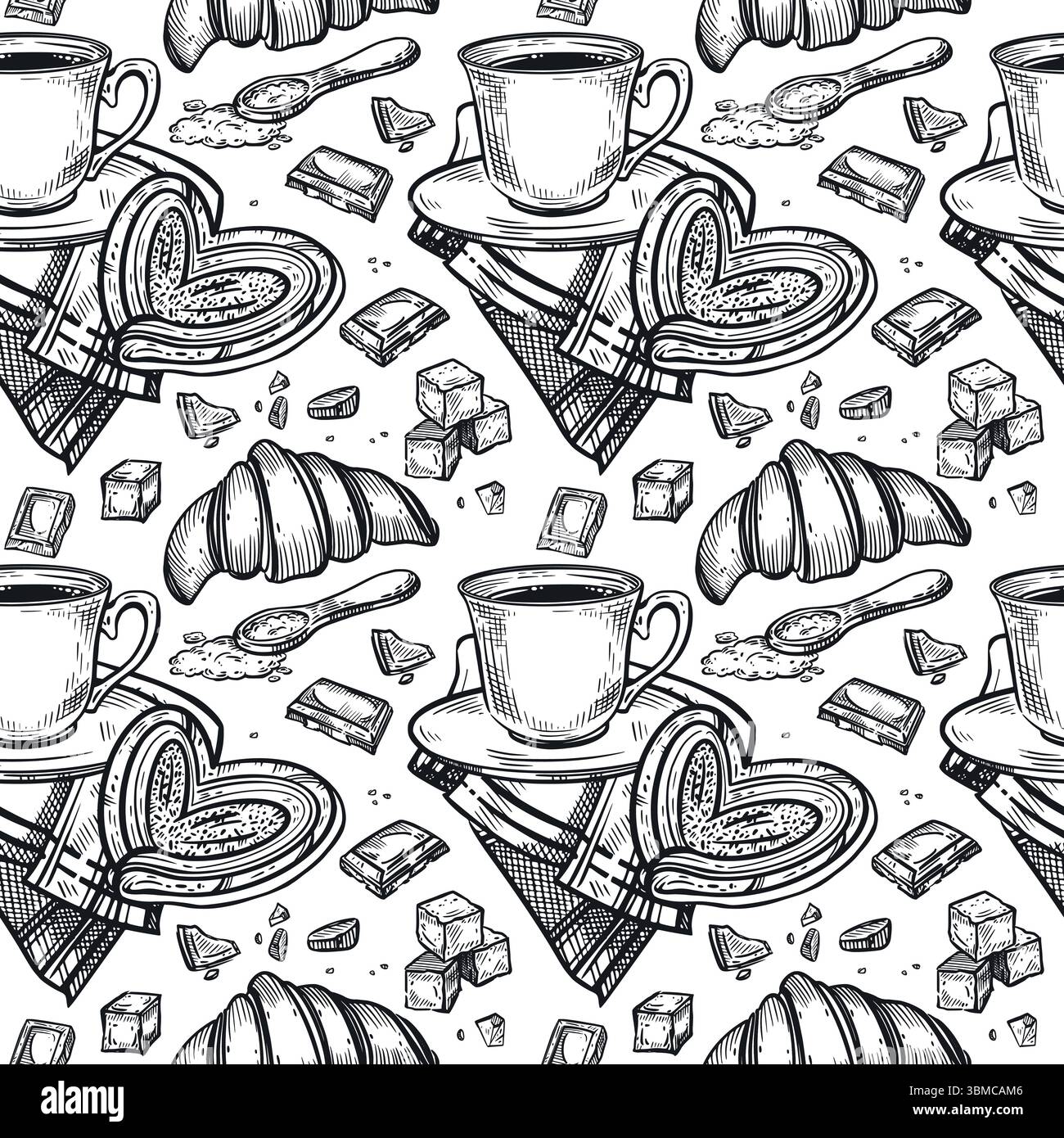 Motivo senza cuciture sul tema del tè, una tazza di tè o caffè, un tovagliolo, uno zucchero grattugiato, fette di cioccolato, panini dolci, croissant. Il Illustrazione Vettoriale