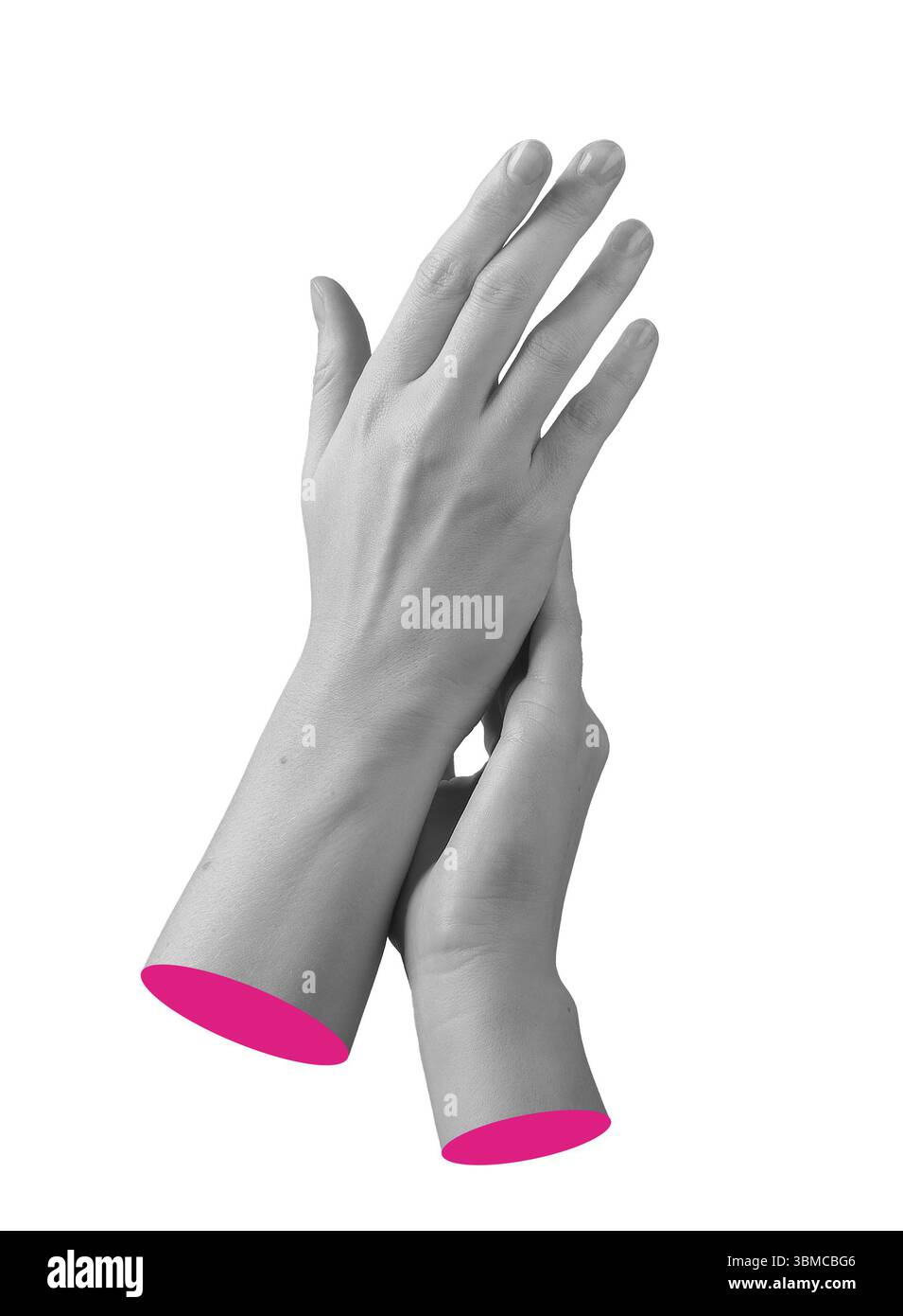 Mani femminili con un gesto surreale e moderno con un tocco morbido e una pelle pulita. Il bianco monocromatico con contrasto magenta crea uno stile pop art insolito. Minimi Foto Stock