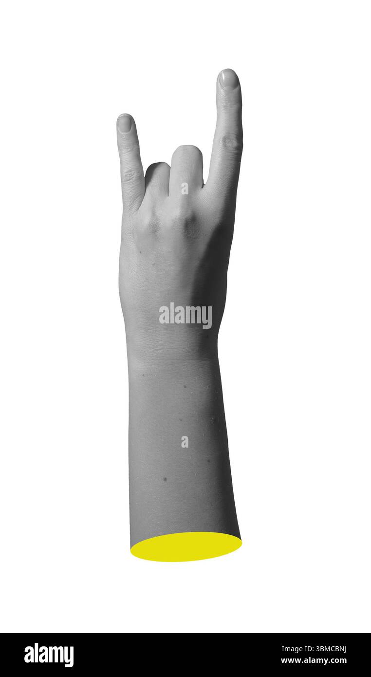 Gesti del clacson al concerto di musica rock. La mano e il braccio della donna mostrano un pizzico, un indice, un indice sollevato in una posizione di linguaggio del corpo fresca. Isolato Foto Stock