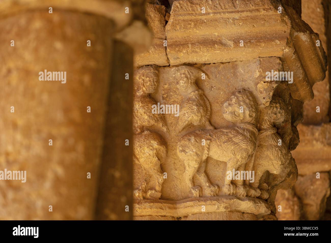 Animali fantastici con teste umane, galleria porticata, Chiesa di San Pedro Apostol, romanico, XII secolo - Monumento storico Artistico Nazionale - Foto Stock