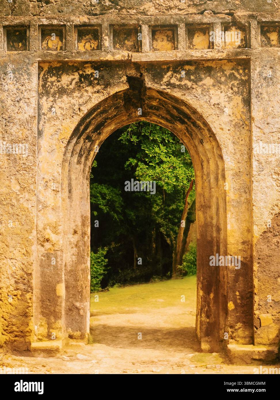 Vista di una porta sulle rovine di Gede, un insediamento swahili abbandonato a Malindi, Kenya Foto Stock