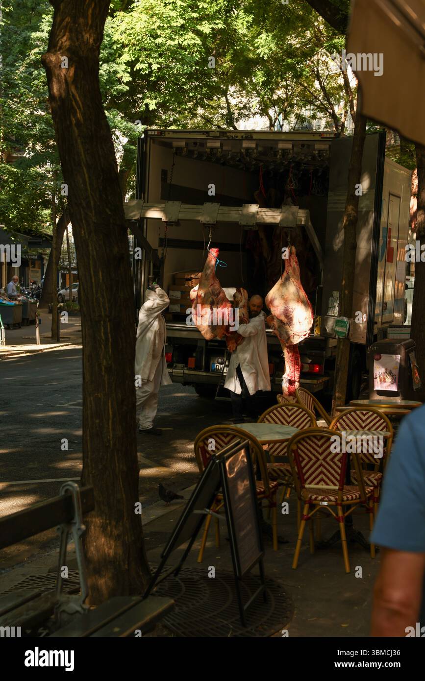 Due macellai in cappotti bianchi scaricano con cura grandi lati di manzo da un camion refrigerato parcheggiato in una strada parigina. Foto Stock