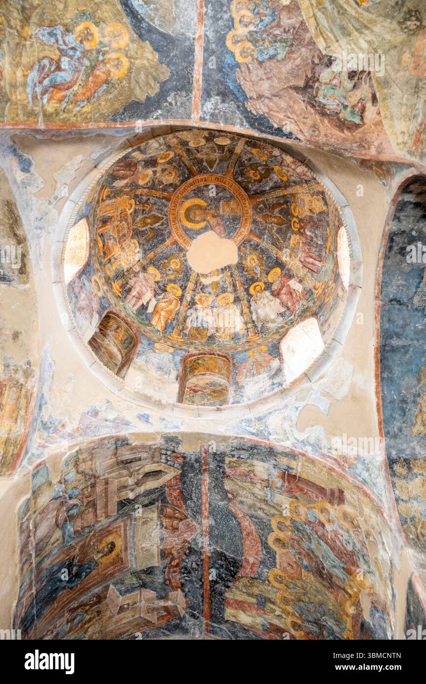 Affreschi all'interno del monastero Peribleptos, sito archeologico di Mystras, Mystras, Laconia, Peloponneso, Grecia, Europa Foto Stock