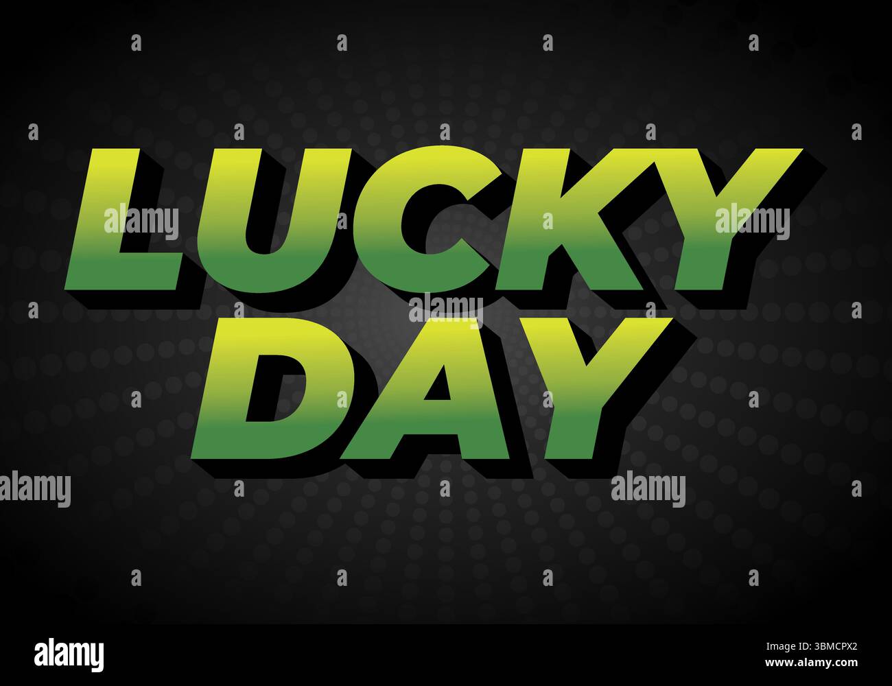 Grafica testuale in grassetto con le parole "GIORNO FORTUNATO" in una brillante sfumatura verde e gialla su sfondo scuro con motivo radiale. Illustrazione Vettoriale