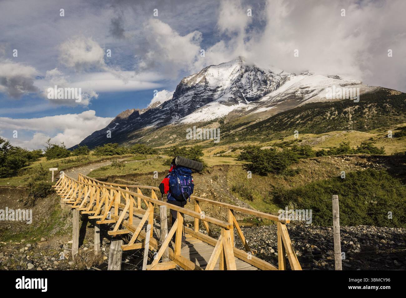 Escursione a piedi lungo il percorso W, la Valle dell'Ascencio, il Parco Nazionale Torres del Paine, il sistema Nazionale delle aree selvagge protette, la Patagonia, la Repubblica del Cile Foto Stock