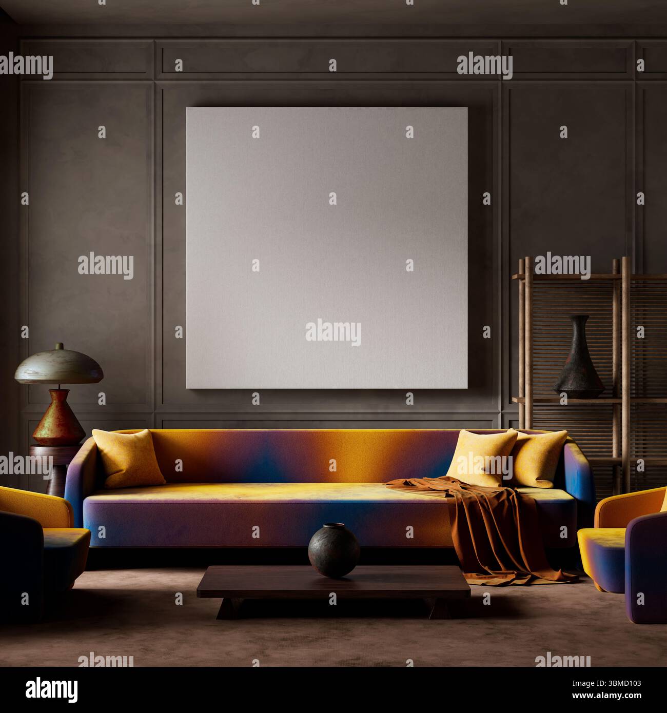 Gli interni sorprendenti combinano mobili vibranti sfumature con pezzi di arredo scultoreo, creando un'armonia unica tra stile retrò e moderno sostico Foto Stock