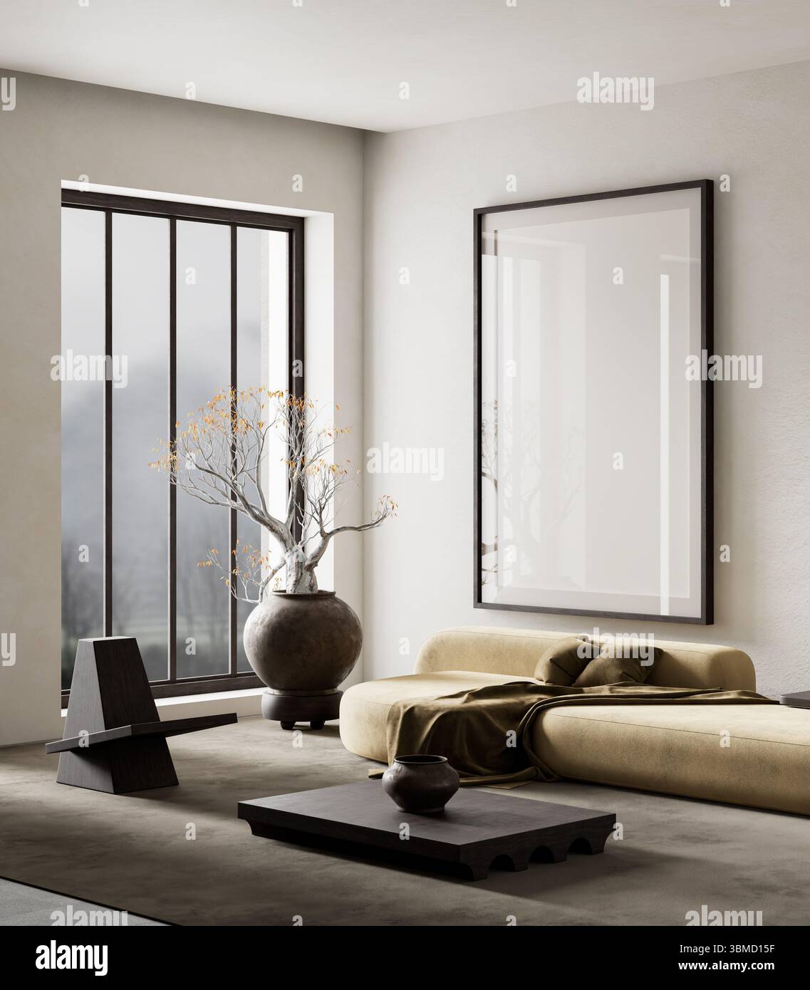 Un moderno soggiorno minimalista caratterizzato da toni neutri, un albero scultoreo di bonsai e mobili di basso profilo per un'estetica serena ed elegante. Illo 3D. Foto Stock