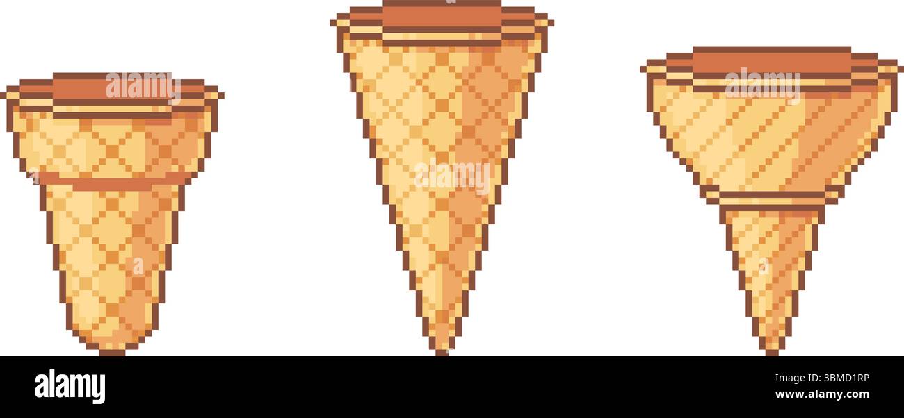 Set di coni per gelato a cialda vuoti, vettore pixel art Illustrazione Vettoriale