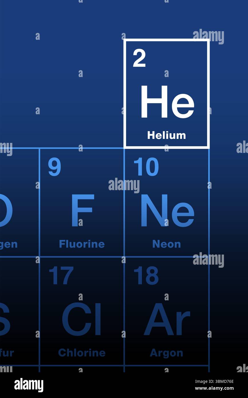 Elio sulla tavola periodica degli elementi. Elemento chimico con numero atomico 2 e simbolo He, dalla parola greca helios per sole. Foto Stock