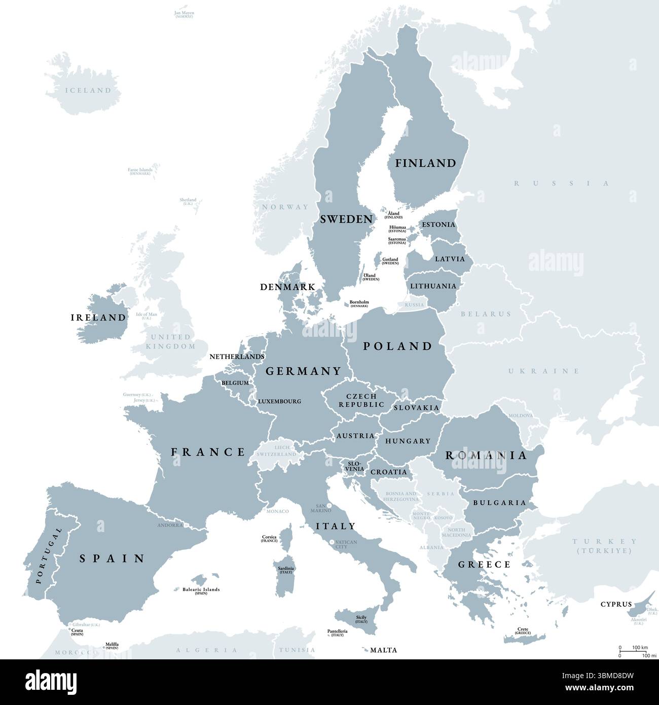 Unione europea, stati membri dell'UE, mappa politica grigia. unione economica e politica di 27 stati membri. Mappa con singoli paesi. Foto Stock