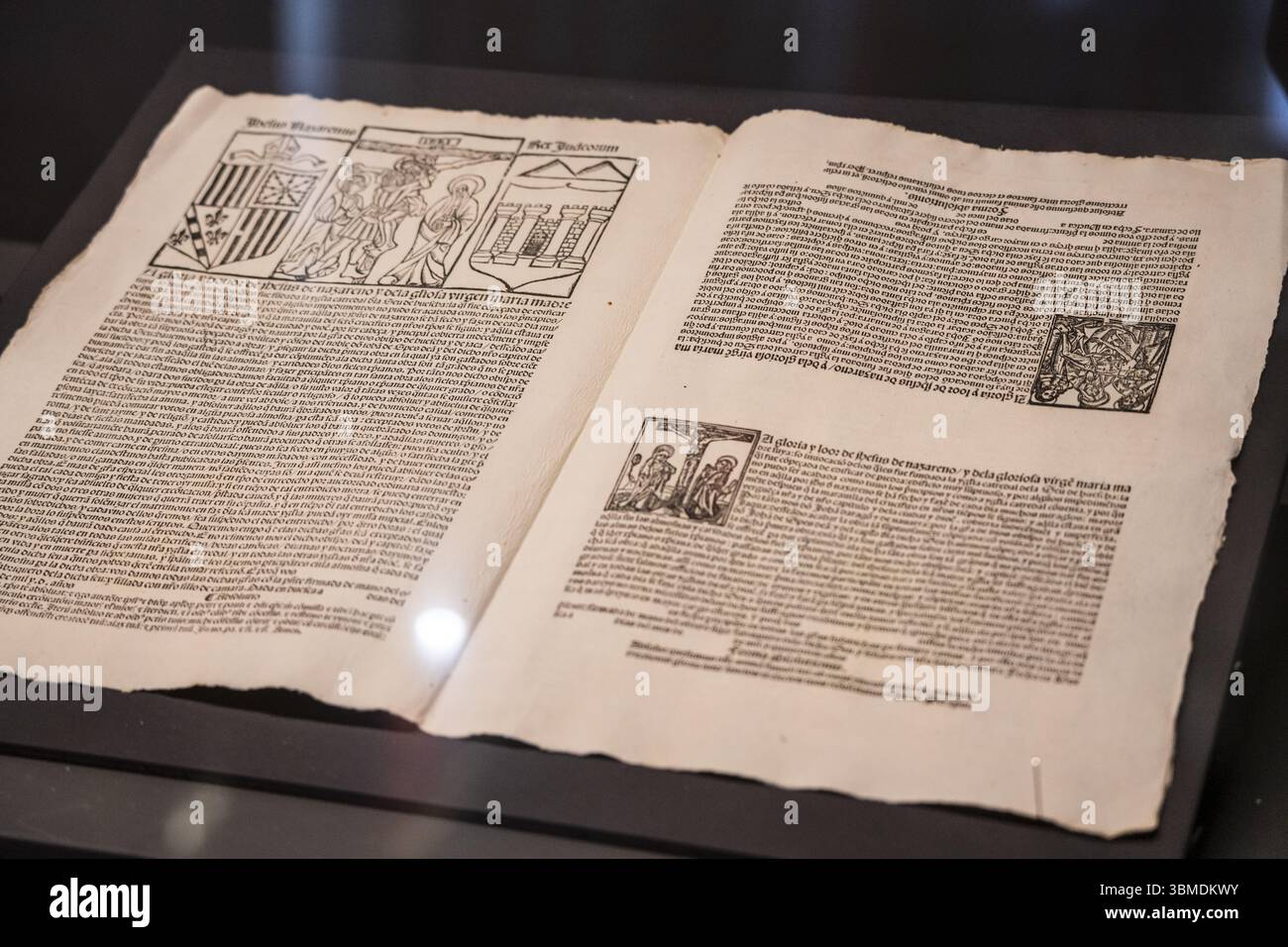 Lettera di indulgenza del vescovo Juan de Aragon, incunabolo tipografico su carta e tre incisioni in legno, laboratorio Jorge Cocci, anno quattrocento, sfumature Foto Stock