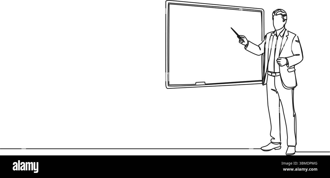 disegno continuo a riga singola del docente che punta alla lavagna bianca, illustrazione vettoriale line art Illustrazione Vettoriale