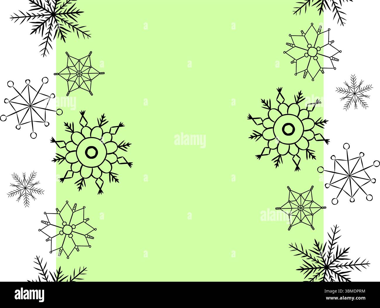 Modello bordo senza cuciture Snowflake Frame. Illustrazione dell'inchiostro con linee grafiche vettoriali. Schema di neve ghiacciata. Perfetto per carte, decorazioni, adesivi, logo, m Illustrazione Vettoriale