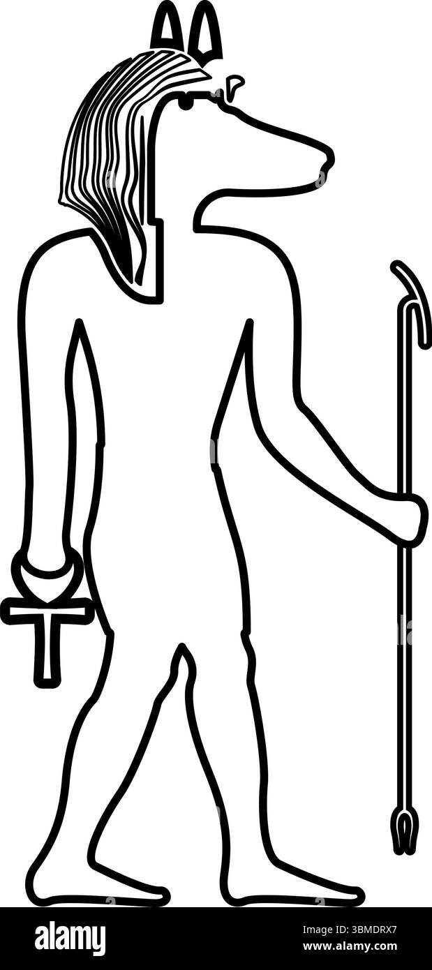 Divinità Anubi con testa di sciacallo, antico dio egiziano, regge il bastone e una silhouette a croce con un contorno mitico, icona della linea del contorno, vettore di colore nero Illustrazione Vettoriale
