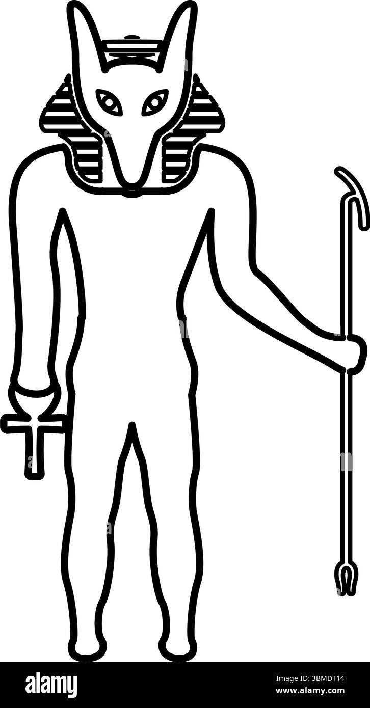Divinità Anubi con testa di sciacallo, antico dio egiziano, regge il bastone e una silhouette a croce con un contorno mitico, icona della linea del contorno, vettore di colore nero Illustrazione Vettoriale