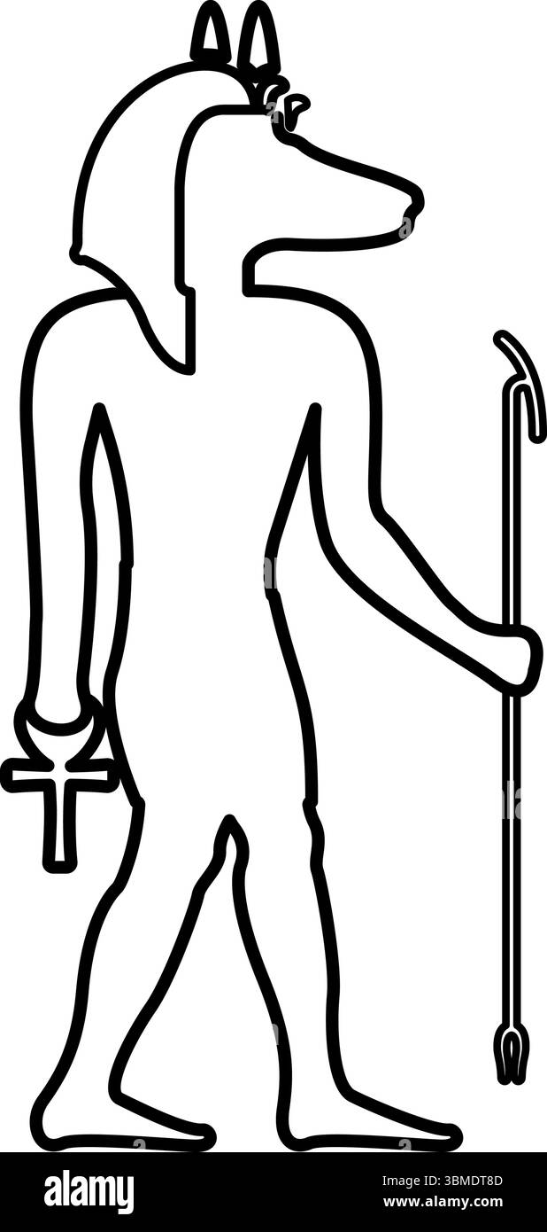 Divinità Anubi con testa di sciacallo, antico dio egiziano, regge il bastone e una silhouette a croce con un contorno mitico, icona della linea del contorno, vettore di colore nero Illustrazione Vettoriale
