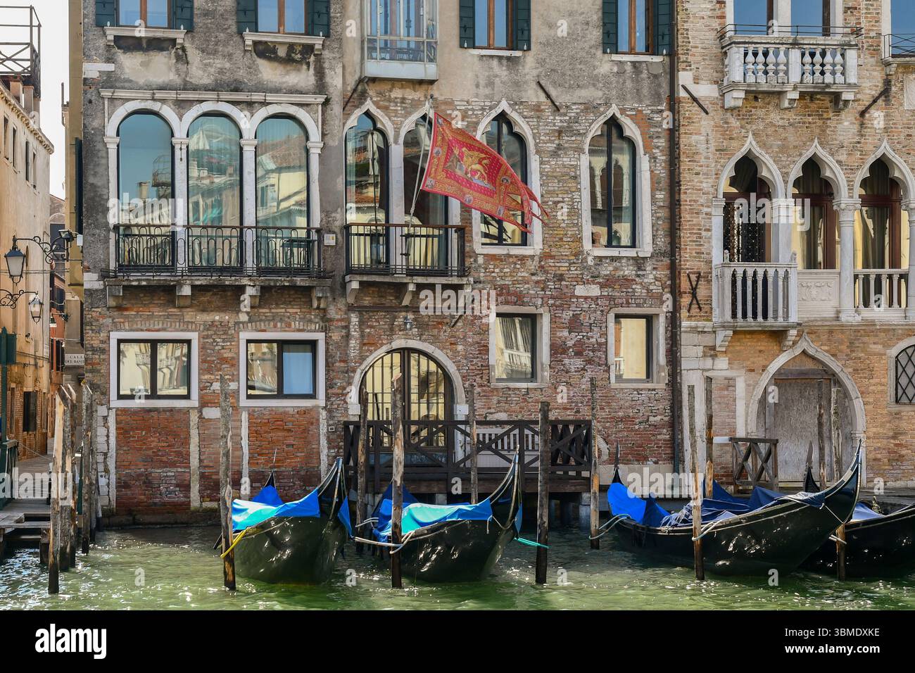 Casa Santomaso con bandiera veneziana e Palazzo Orio Semitecolo Benzon (a destra), affacciato sul Canal grande, con gondole ormeggiate, Venezia, Italia Foto Stock