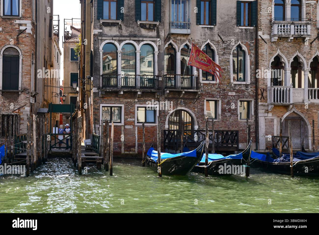 Casa Santomaso con bandiera veneziana e Palazzo Orio Semitecolo Benzon (a destra), affacciato sul Canal grande, con gondole ormeggiate, Venezia, Italia Foto Stock