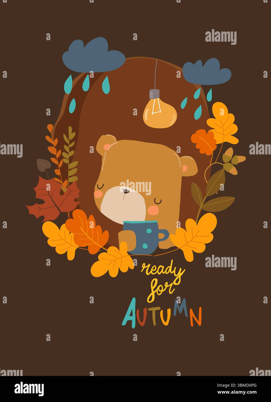 Orso carino che beve caffè all'interno della tana nella foresta autunnale Illustrazione Vettoriale