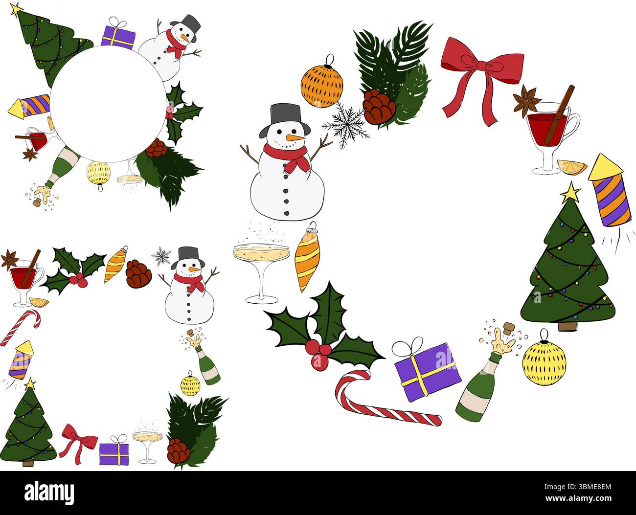 Buon Natale e felice anno nuovo modello di cornice circolare. Illustrazione dell'inchiostro con linee grafiche vettoriali. Albero di Natale, rami, palle, fiocco di neve. Illustrazione Vettoriale