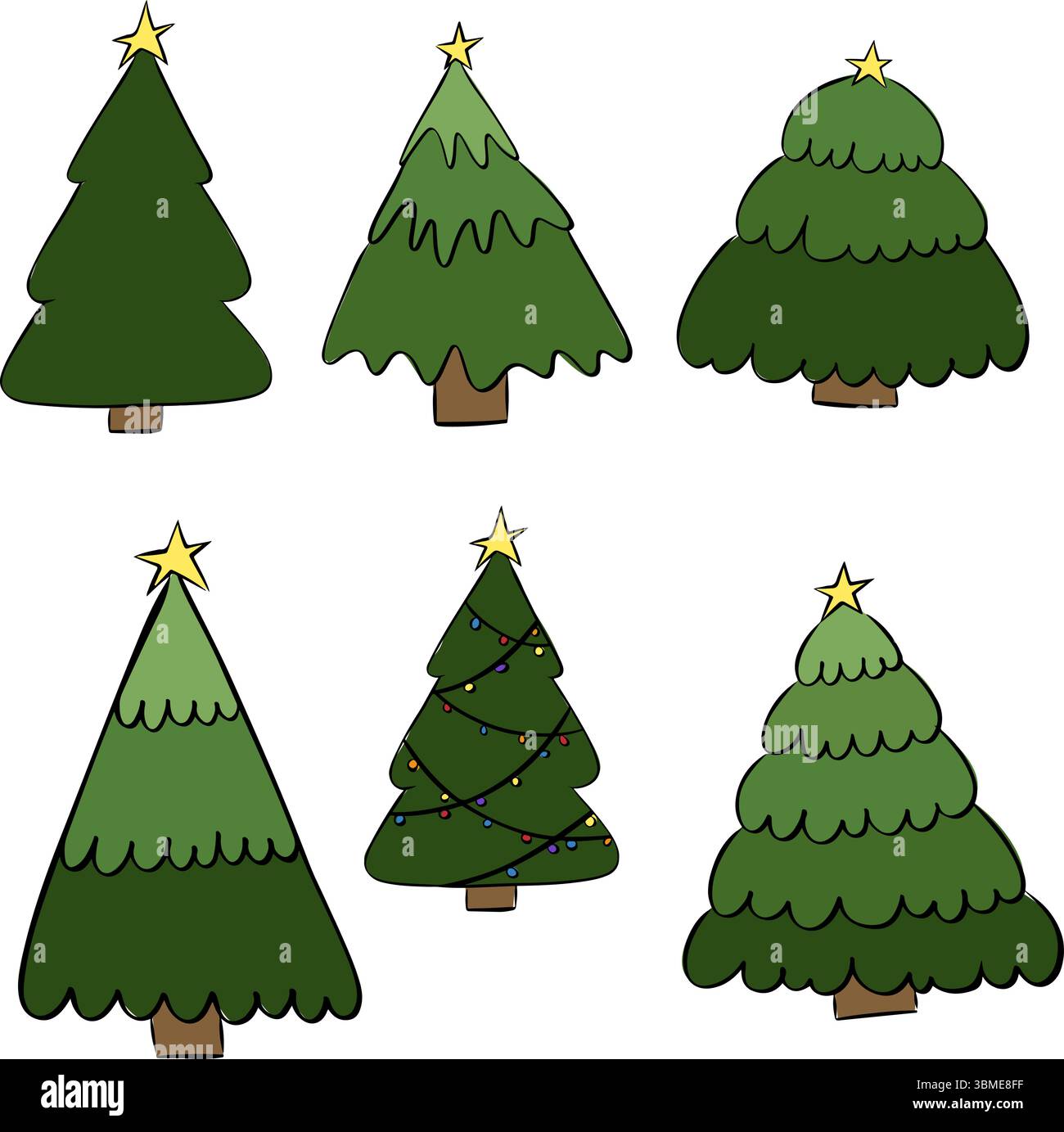 Alberi verdi isolati. Illustrazione dell'inchiostro con linee grafiche vettoriali. Pino, abete rosso, acero, betulla, cedro, quercia, brachitone, banyan, salice, larice, pal Illustrazione Vettoriale