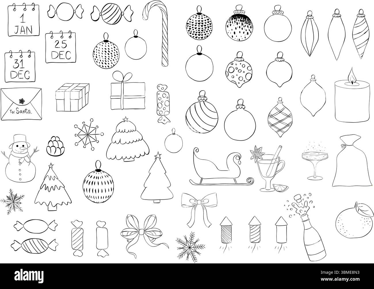 buon natale e felice anno nuovo set isolato Element. Inchiostro grafico vettoriale illustrazione pianta holly, albero, guanto, calzino, regalo, pallina da pallina. Desig Illustrazione Vettoriale